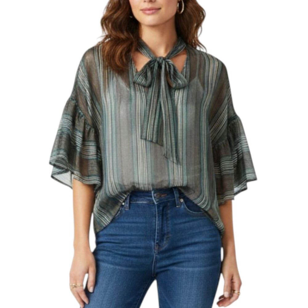 By Together Striped Sheer‎ Tie Bow Blouse Teal Gold Metallic NWT